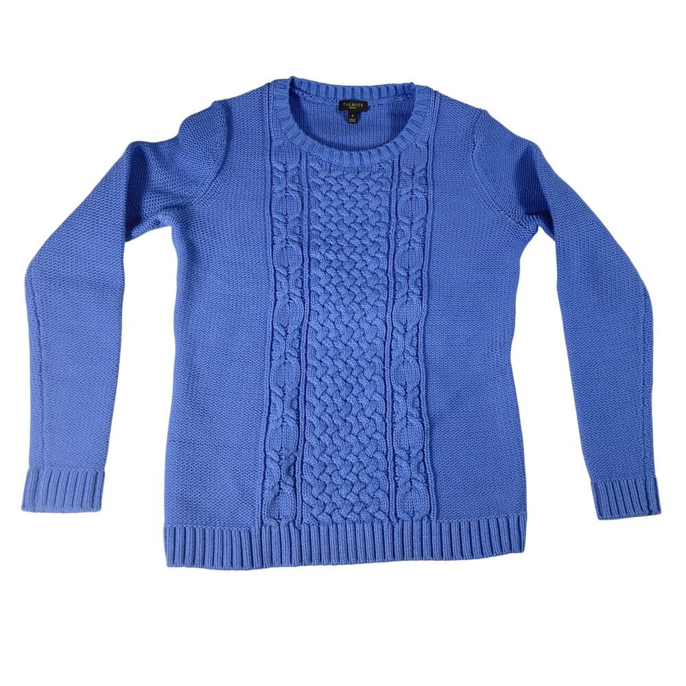 Talbots Petite P Blue Cable Knit Sweater Women's Crew Neck Pullover Cotton